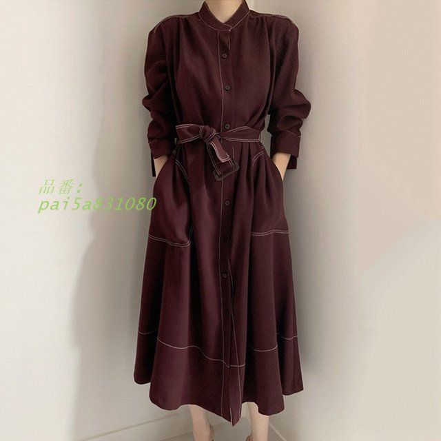 ワンピース 長袖 ジャケット ロング ミモレ丈 スタンドワンピース 春 ワンピースコート 無地 きれいめ 春 シンプル ベルト付き 秋 pai5a831080