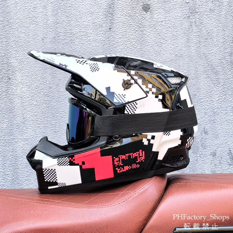 ヘルメット フルフェイスヘルメット バイクヘルメット DOT認証 ゴーグル付き ピクセル風デザイン 耐久性 安全性 通気性 男女兼用 おしゃれ A102