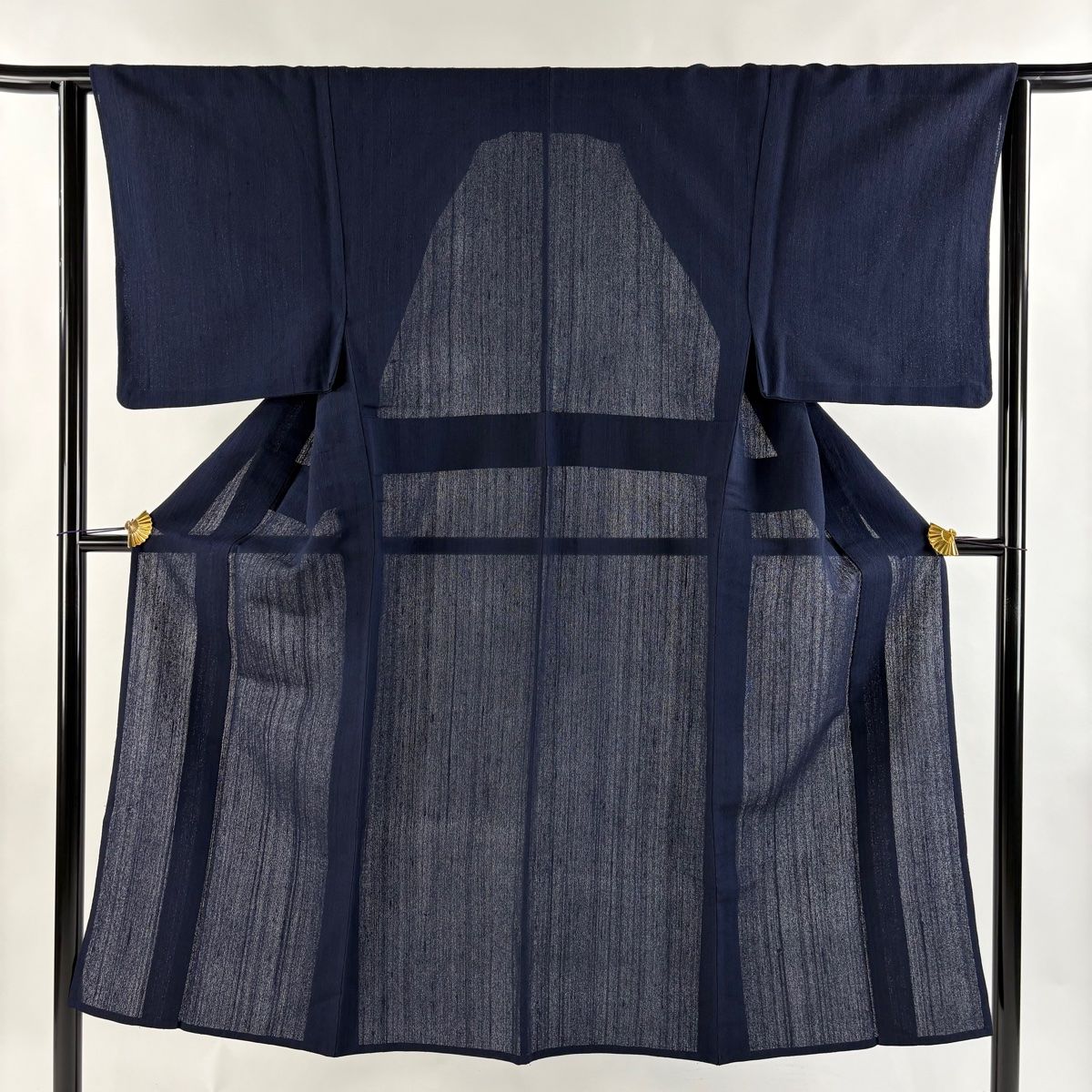男着物 身丈142cm 裄丈63.5cm M 薄物 アンサンブル 紬 赤城上布 紺色 正絹 名品 一つ紋