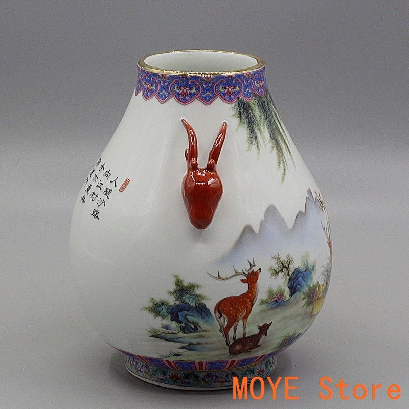 中国美術 両耳鹿頭福筒 開運 風水招財 陶磁器 装飾品 現代工芸品