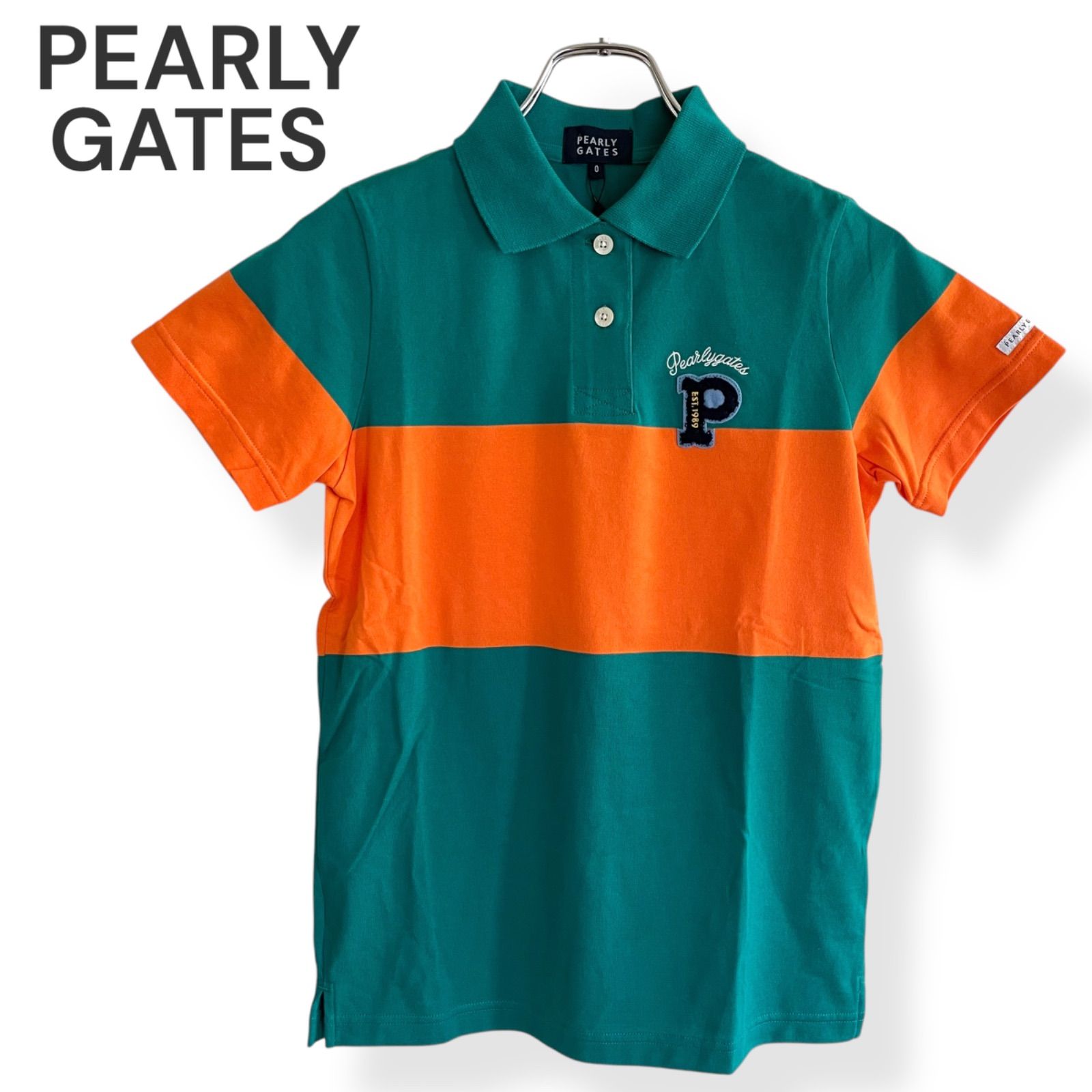 PEARLY GATES パーリーゲイツ グリーン×オレンジ 胸ロゴ 半袖 ポロシャツ サイズ0 コットン混 055-0260618 レディーススポーツ 553KZ