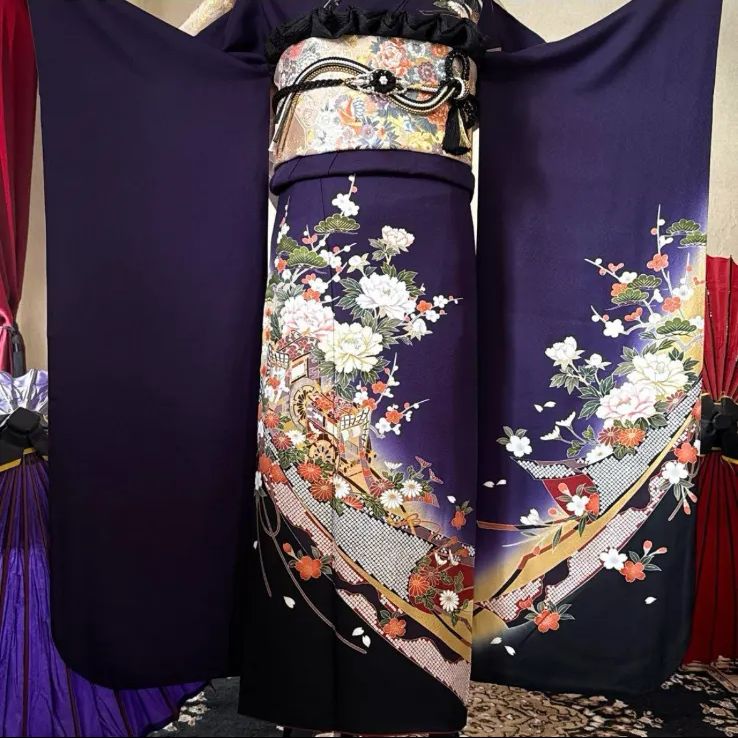 振袖フルセット(7点)・古典柄(深紫・御所車・金駒刺繍・牡丹花文