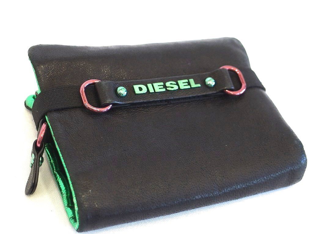 【218845】DIESEL ディーゼル  レザー＆メタリック　2つ折り財布 ブラック/グリーン