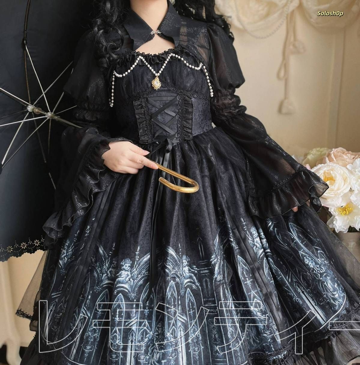 ゴシック調デザイン 古城の夜 長袖オリジナル ロリータワンピース 楽天市場】LolitaAlice 黒 ワンピース 長袖 クラシカル ゴスロリ