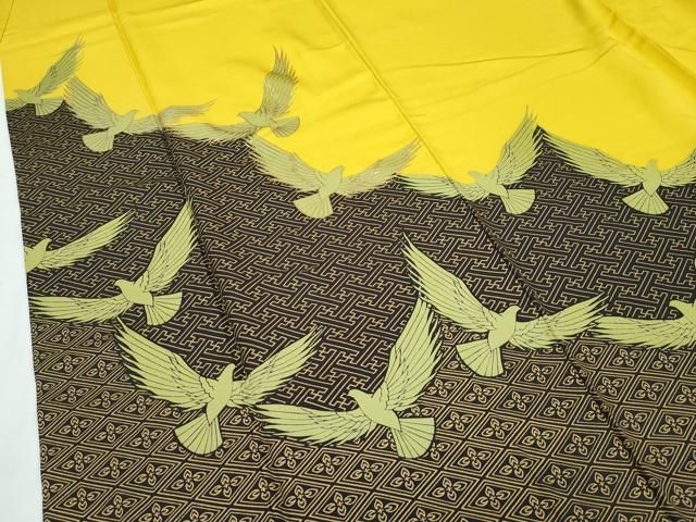 平和屋着物□極上 染色作家 斉藤三才 振袖 三才鳥 金彩 支子色地 逸品