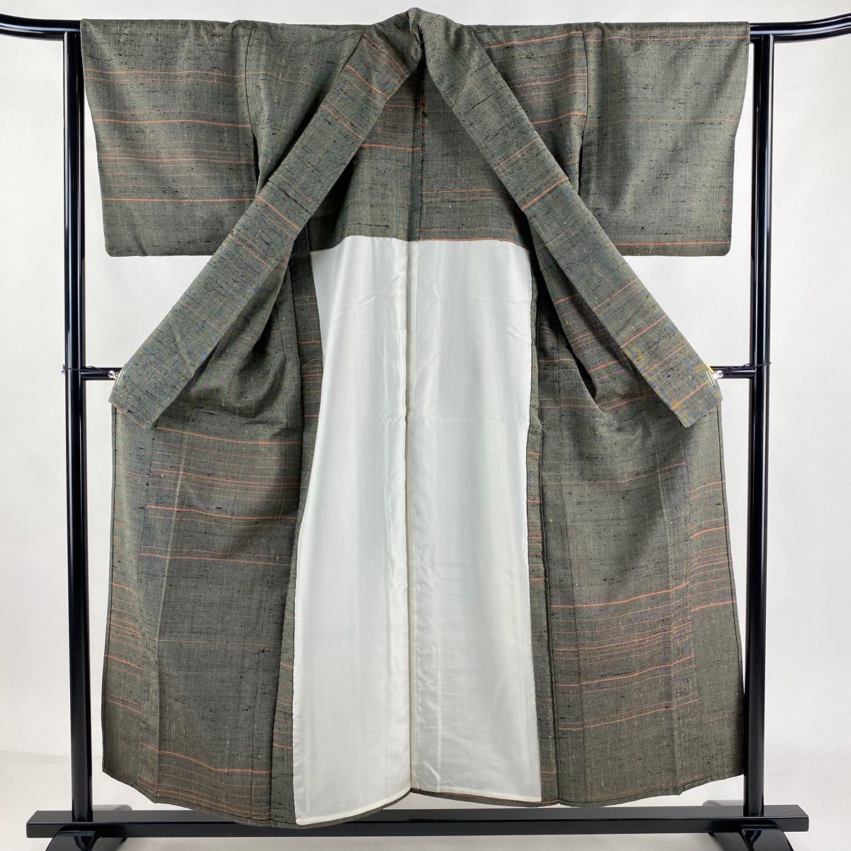 紬 身丈153cm 裄丈63cm S 単衣 ざざんざ 縞 灰緑 正絹 逸品 【中古  