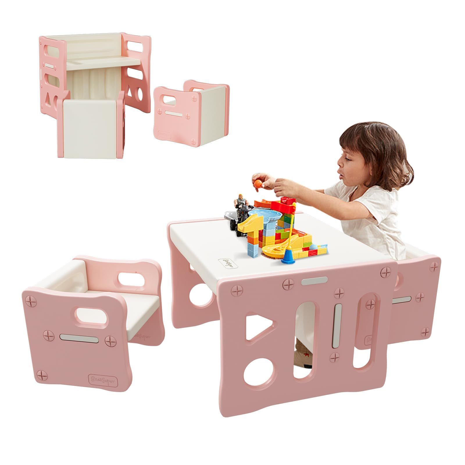 BanaSuper 子供用テーブルと椅子3点セット アクティビティ デスク チェア プラスチック 多機能 収納 家具 リビング学習/絵かき/ダイニング/プレイセット ホワイトとピンク