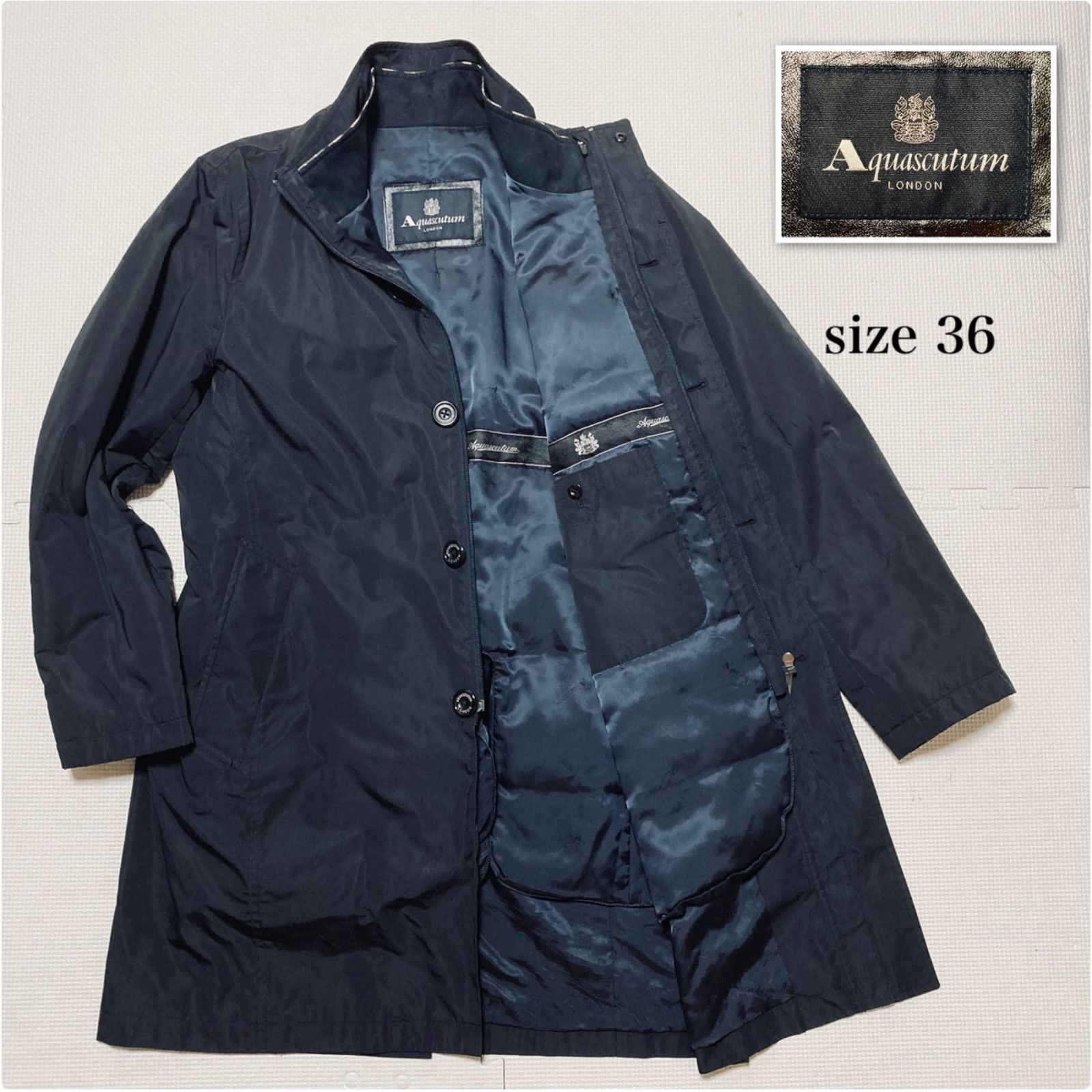 【3way XL】アクアスキュータム　スタンドカラーコート　紺　ドローコード 3way XL】アクアスキュータム スタンドカラーコート 紺 ドローコード