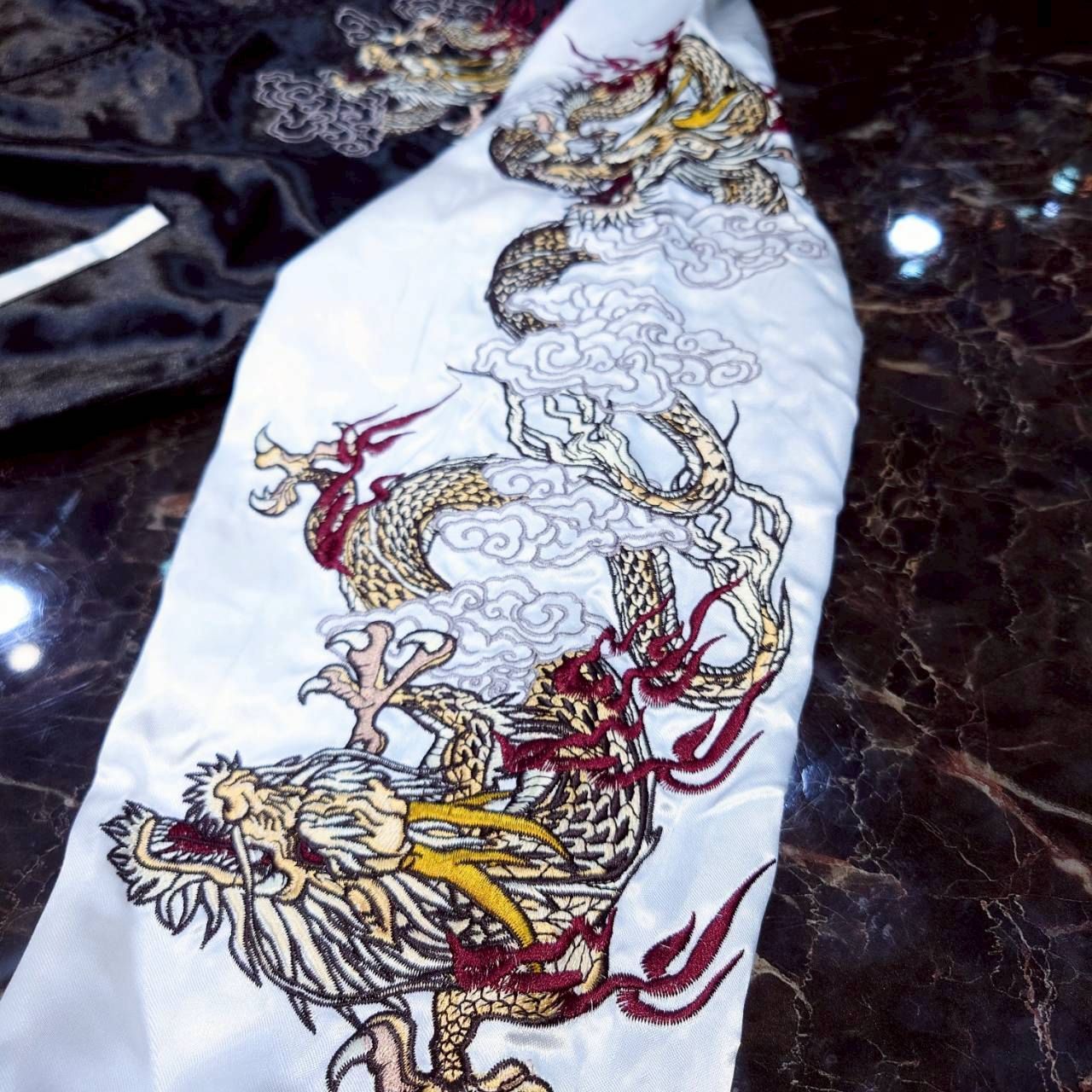 ☆【朧 -OBORO-/双龍 龍 袖龍/スカジャン サテン/総刺繍】長袖