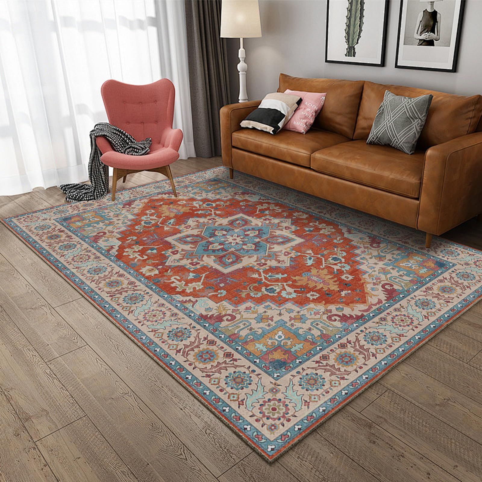 洗える 絨毯 ラグマット 耐磨耗性 軽量 ホットカーペット対応 花柄 滑り止め ペルシャ風 ラグ 室内 カーペット 玄関マット 北欧 マット 200x300cm HiChiclife レッド