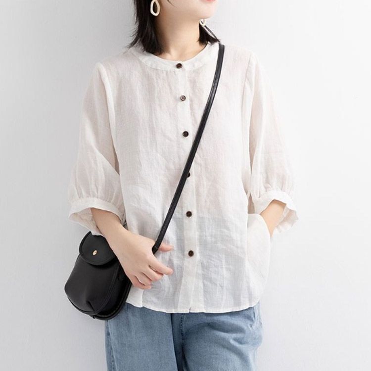 ナチュラル ブラウス 綿 麻 シャツ 薄手 長袖 リネンシャツ 綿麻
