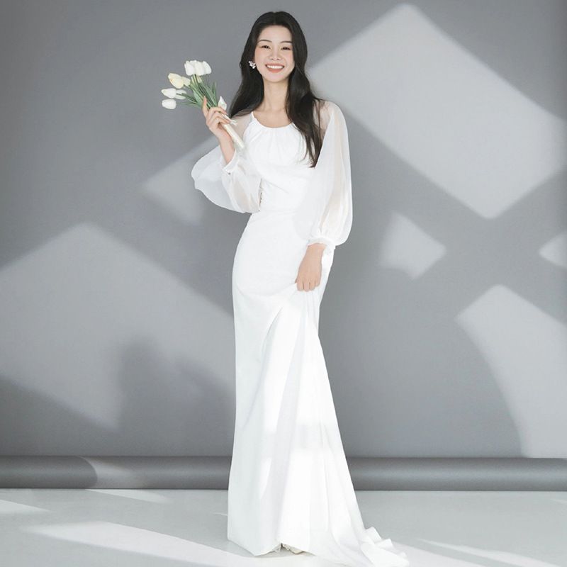 ロングドレス ドレス Aラインドレス ウェディングドレス 白ドレス ワンピース 花嫁 結婚式 披露宴 二次会 前撮り 後撮り 撮影用 発表会 演奏会 長袖 シンプル