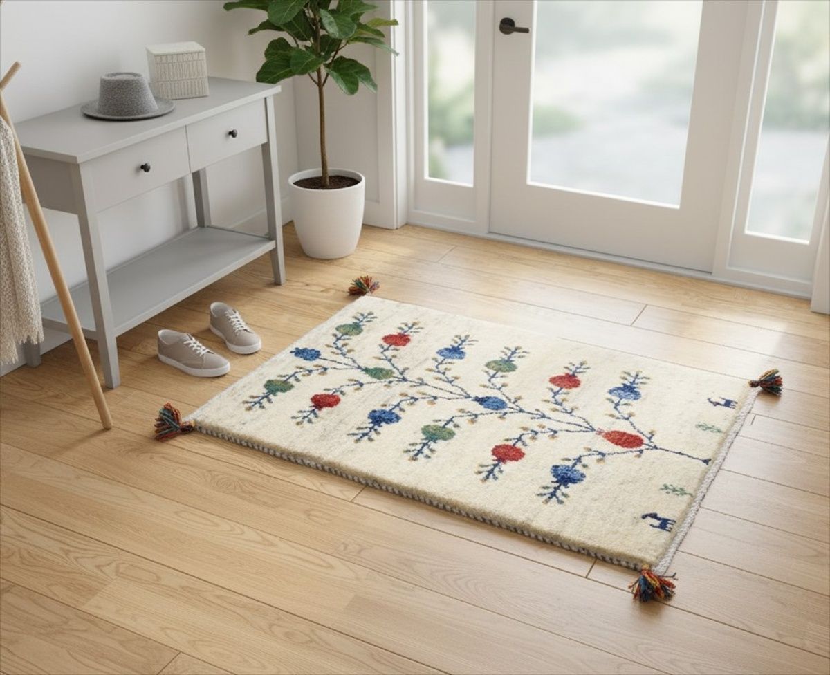 ペルシャ ギャッベ 玄関マット ラグ 88x62cm ザクロの木 アイボリー グレー RJ14142