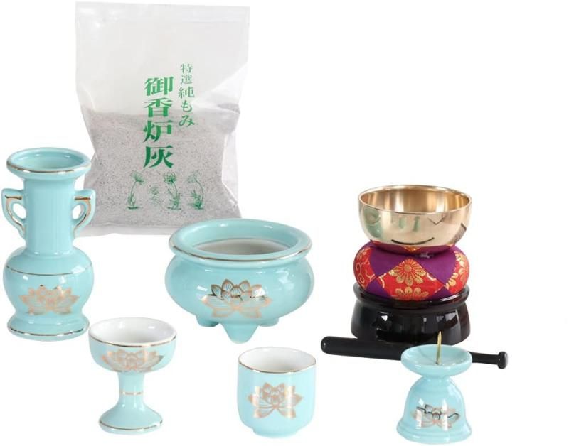 仏具セット 青磁 金蓮 陶器 5点 おりんセット 香炉灰付き モダンミニ仏壇用