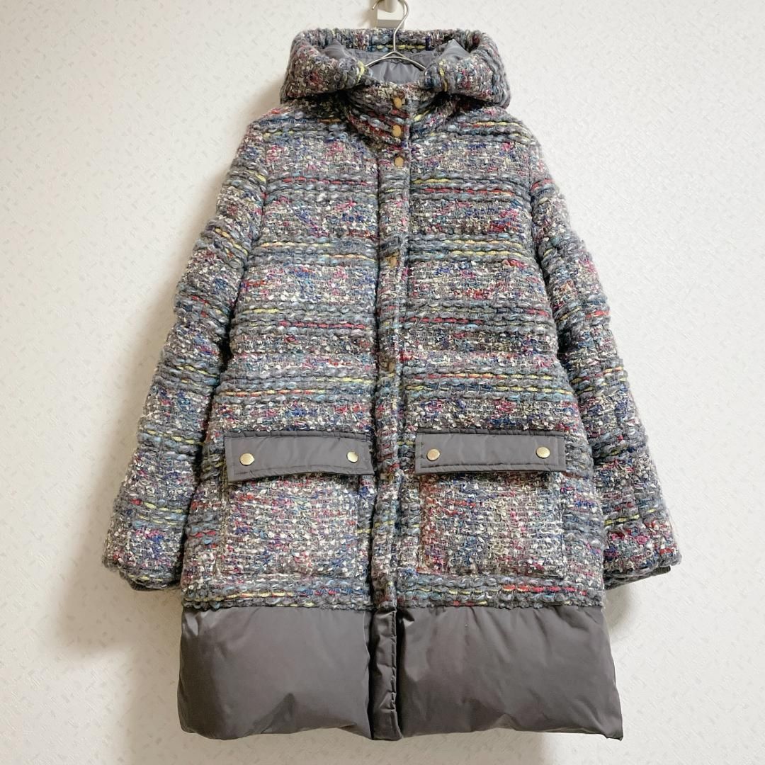 COOHEM コーヘン ダウンコート ミックスツイード ニット モヘヤ ウール フード グレー 36