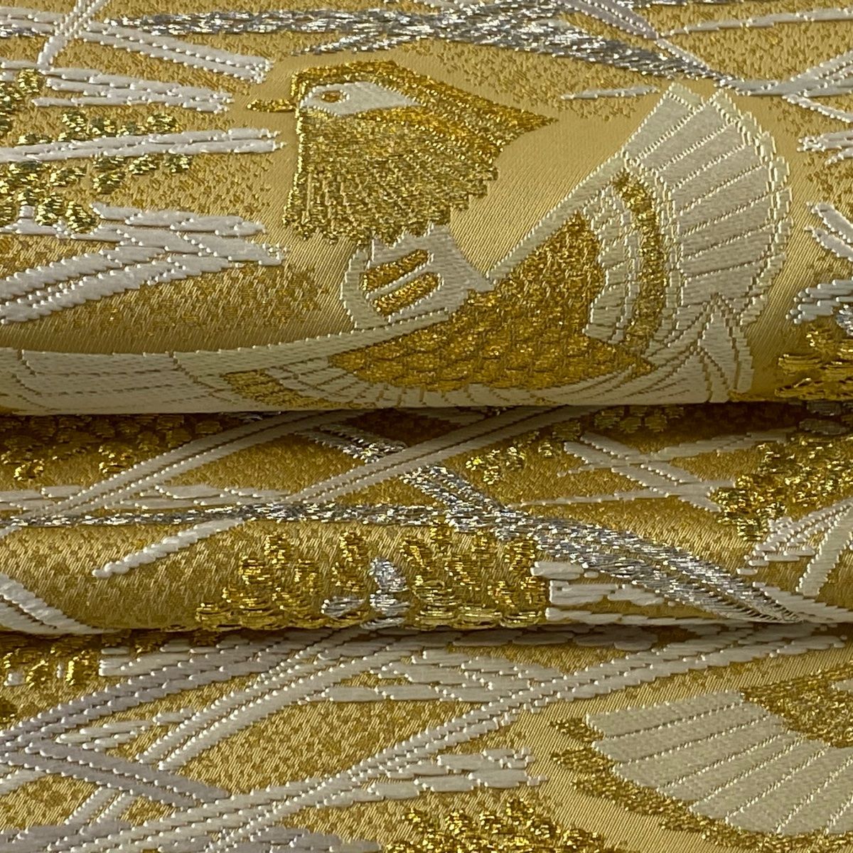 袋帯 美品 逸品 落款 羽田登喜男監修 豊穂瑞鳥文 鳥 稲穂 金銀糸 金色 