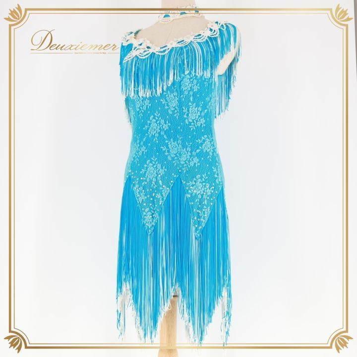 社交ダンス 衣装 ラテン ドレス ワンピース セキネ SEKINE ブルー系 フリンジ 白 水色 青 レース 花柄 デモ 競技 パーティ 発表会 ショートドレス おしゃれ レディース コスチューム フェスティバル 上品 デザイン フェミニン