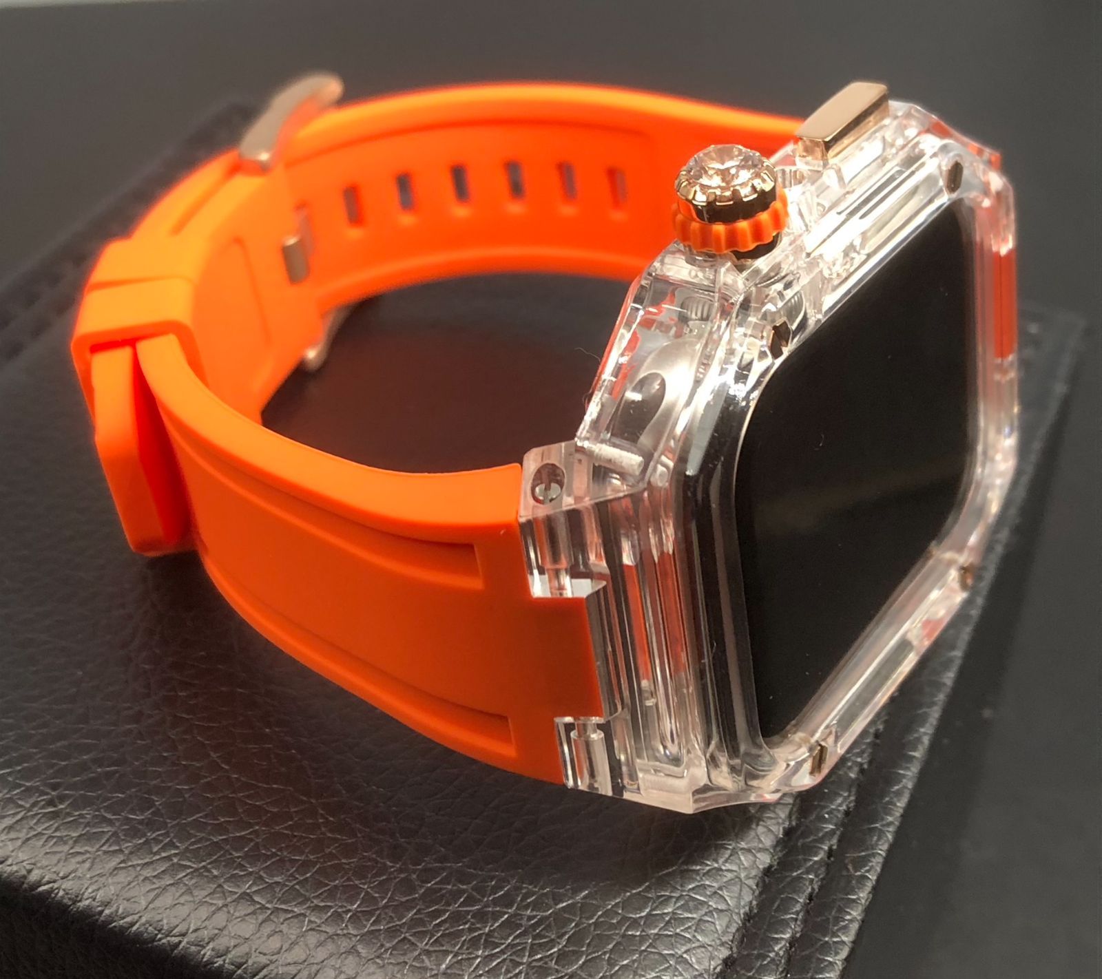 GimelZayin zc ローズゴールド クリア オレンジ アップルウォッチ ラバーベルト カバー ケース 40 mm 41 44 45 46 49 スポーツ メンズ レディース 4スクリュー Apple Watch バンド