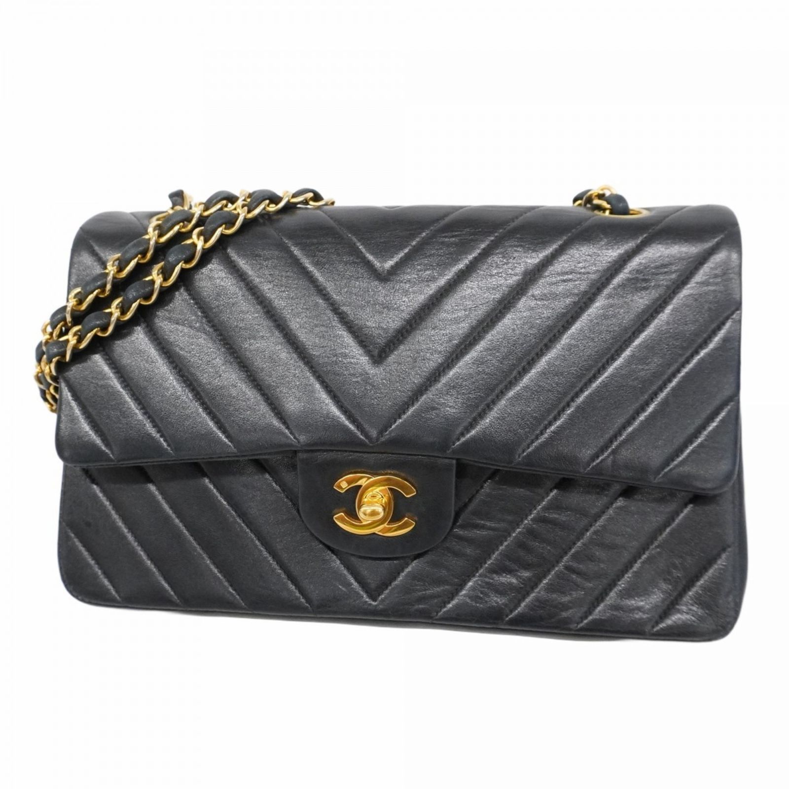 極美品 シャネル Vステッチ ラムスキン Wフラップ チェーン ショルダーバッグ CHANEL シャネル シェブロン Vステッチ Wフラップ Wチェーン
