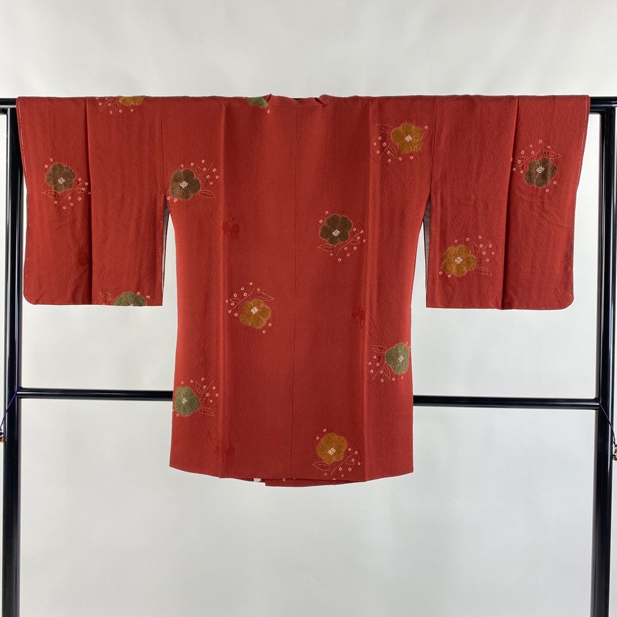 道行 身丈83cm 裄丈63cm S 和装コート 角衿 草花 金彩 刺繍 えんじ色 正絹 秀品