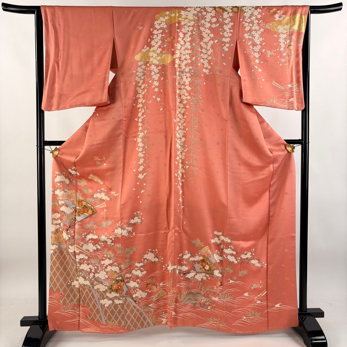 訪問着 身丈164cm 裄丈65cm M 袷 ますいわ屋 扇 桜 金糸 金彩 サーモンピンク 正絹 秀品