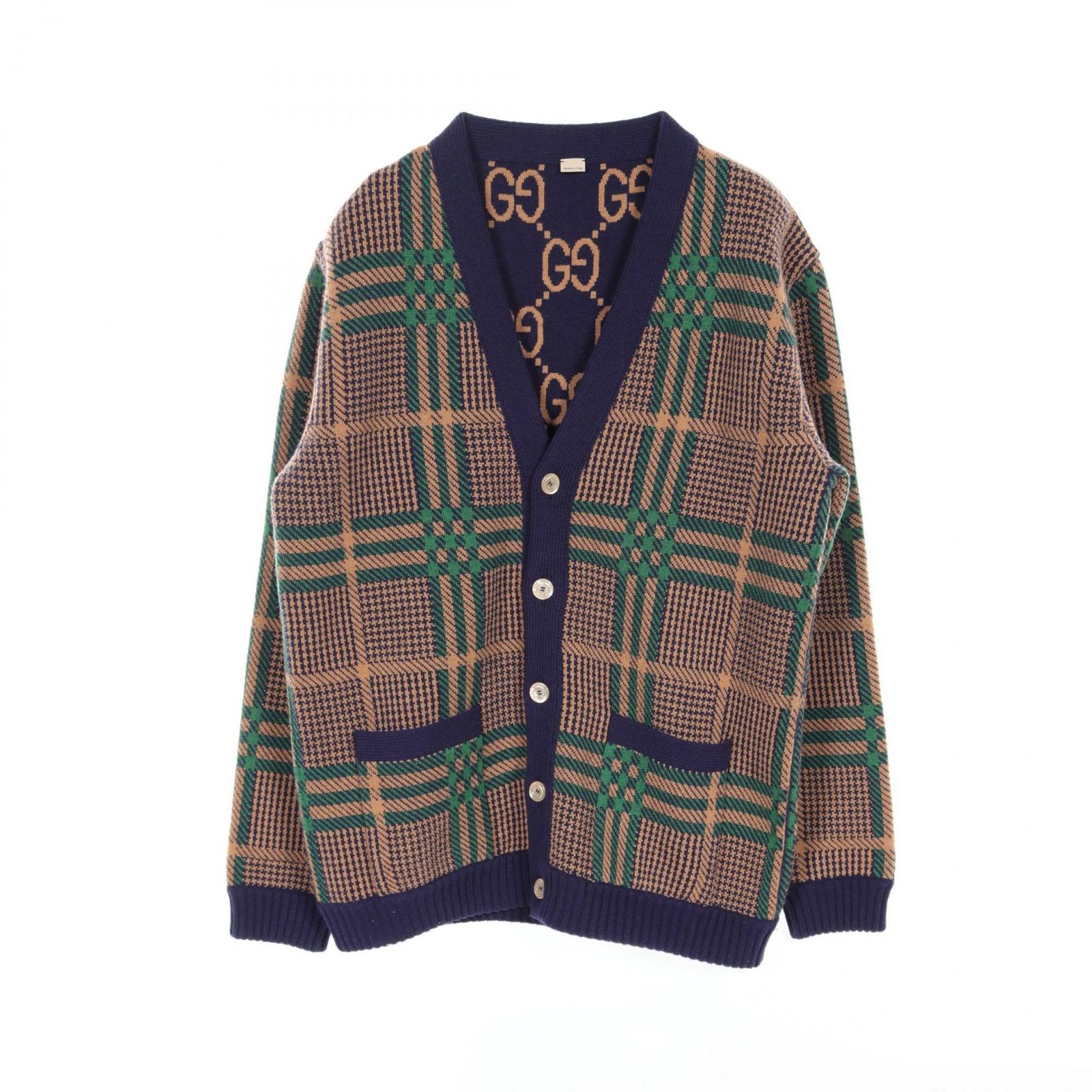 グッチ GUCCI カーディガン GG柄 グレンチェック 696576 ブルー/グリーン ウール リバーシブルカーディガン メンズ Used A