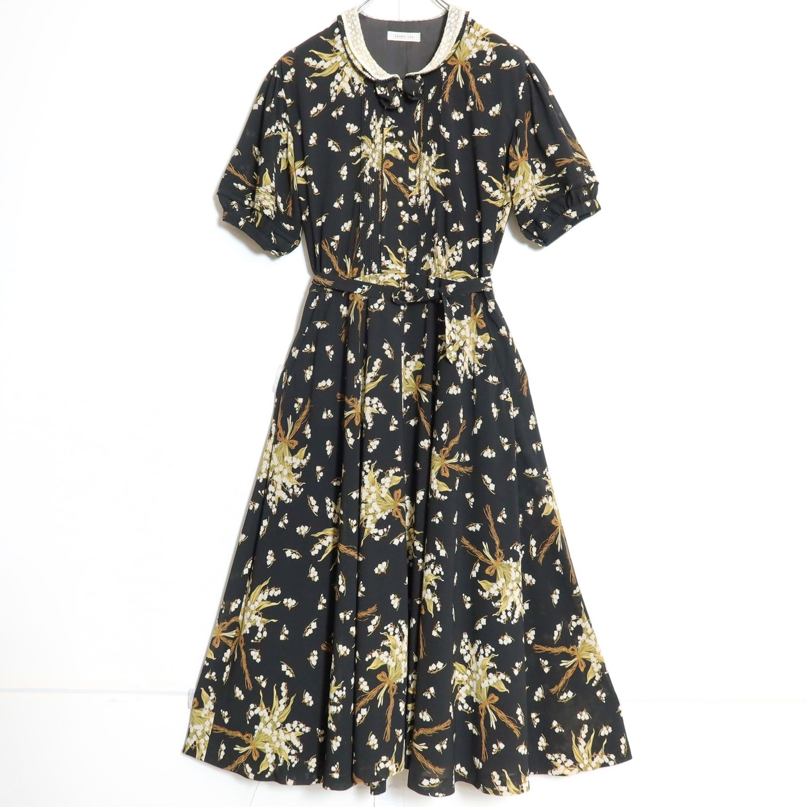 KANEKO ISAO　すずらん柄　ワンピース 美品】カネコイサオ☆すずらん柄ワンピース 黒系 ゆったりフォルム