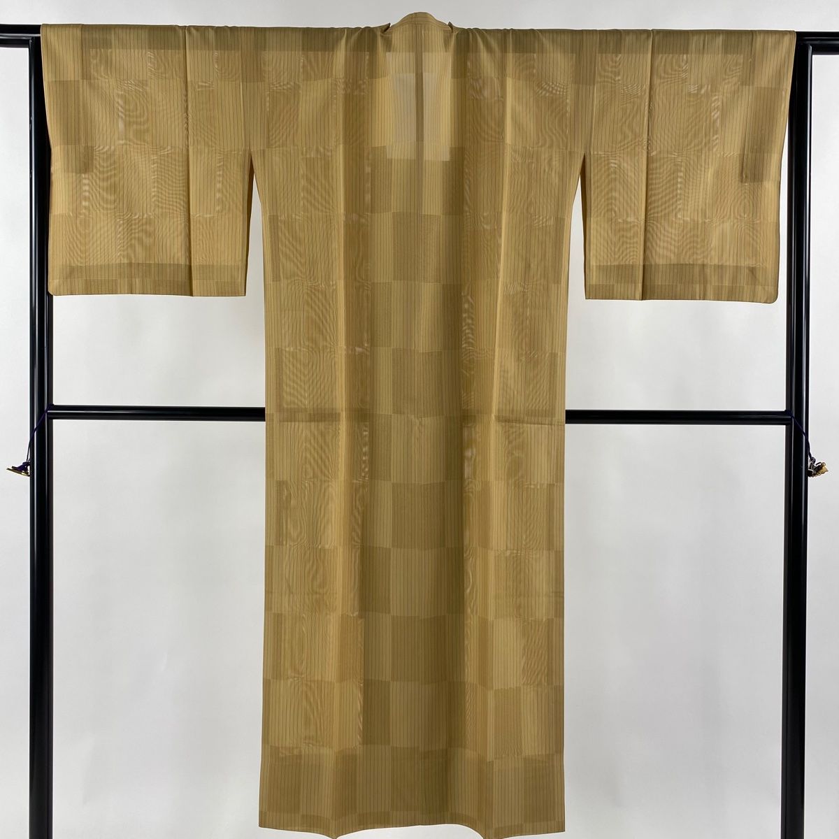 道行 身丈137cm 裄丈66.5cm M 和装コート 角衿 変わり市松 縦縞模様 薄茶色 正絹
