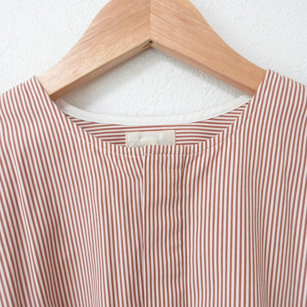 ドゥロワー Drawer 美品 ノーカラーシャツ 長袖 ストライプ コットン 比翼 6511-299-0406 茶 ブラウン 36 レディース 良品 Drawer ドゥロワー コットンストライプノーカラーシャツ
