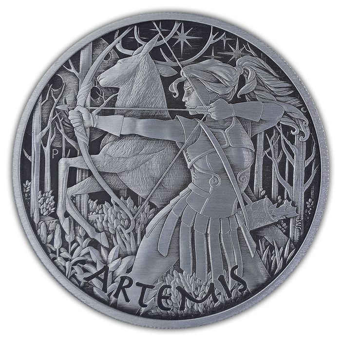 [保証書・カプセル付き] 2023年 (新品) ツバル「オリンポスの神々・アルテミス 月、狩りの女神」純銀 1オンス アンティーク 銀貨
