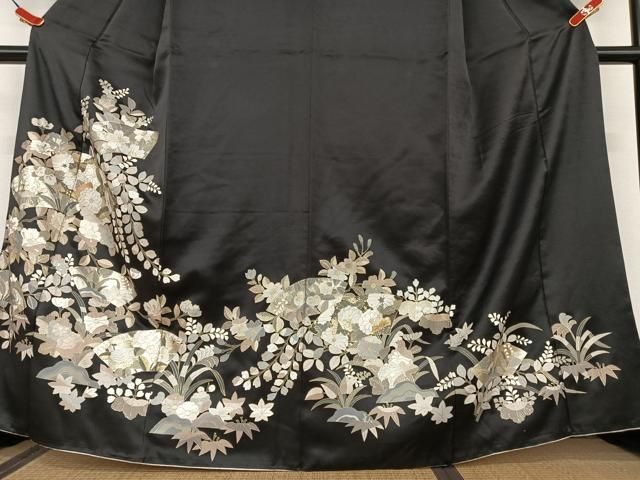 平和屋着物○訪問着 辻が花 地紙重ね花文 黒地 金彩 正絹 逸品  
