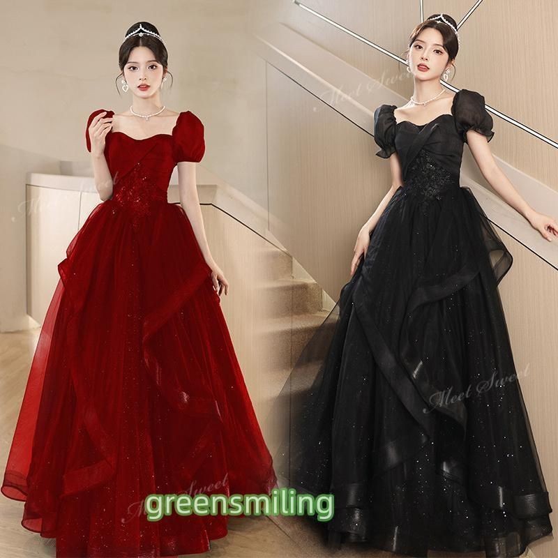 【送料無料】カラードレス ブラック ワインレッド パフスリーブ 前撮り 二次会 ウェディングドレス ウエディングドレスドレス 演奏会 結婚【今季トレンド】ZZ520