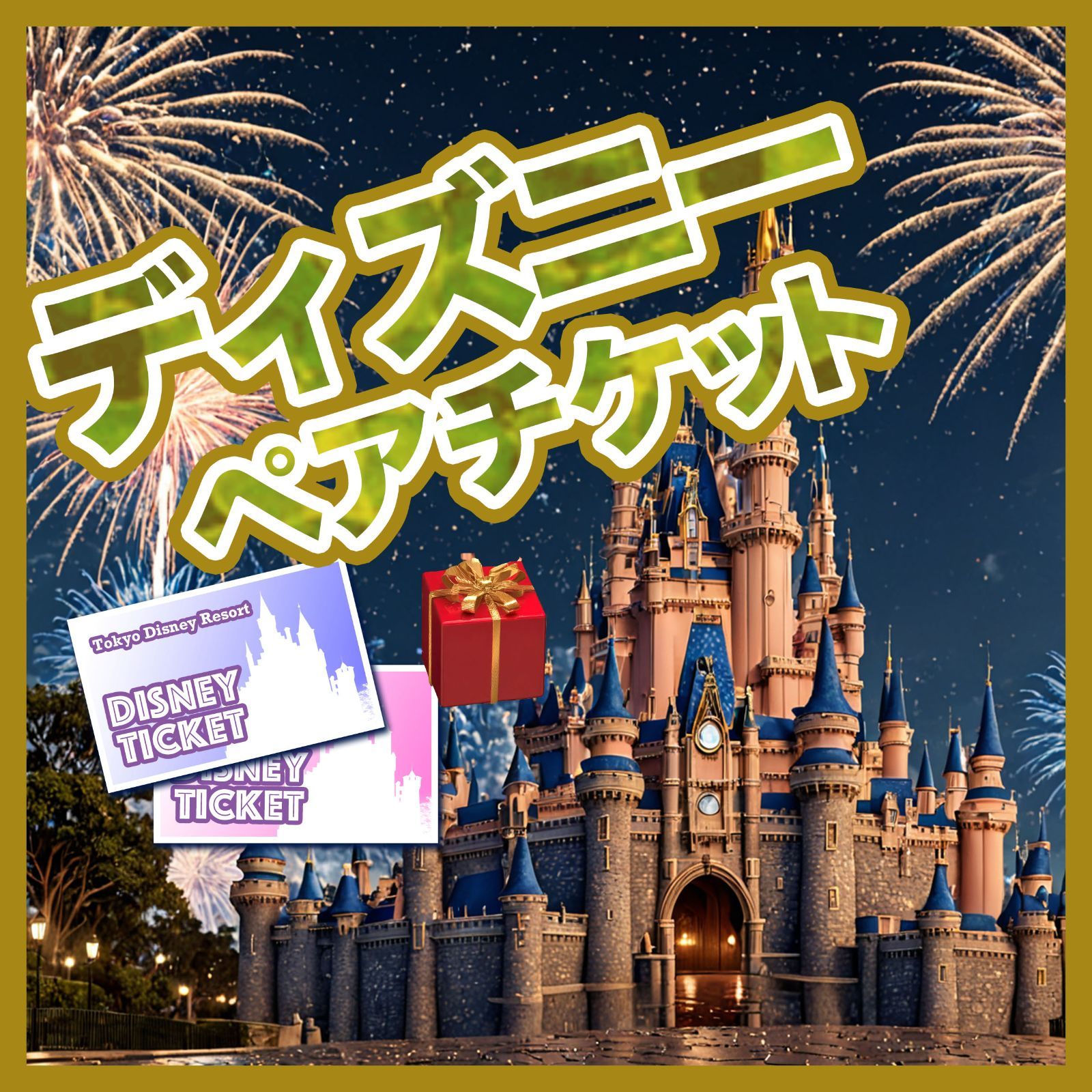ディズニーペアチケット引換券＋キャラクターハンカチ付き 1年間有効 花火