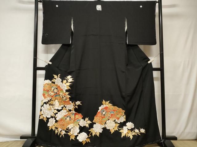 平和屋着物□豪華黒留袖 駒刺繍 扇面鼓草花文 金彩 正絹 逸品 未