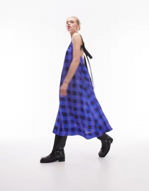 トップショップ レディース ワンピース トップス Topshop grosgrain contrast strap blurred check midi slip dress in blue