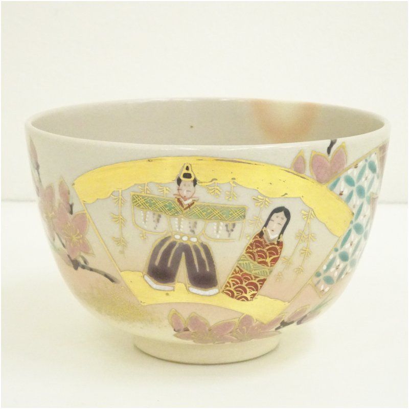 京焼 川添寿楽造 仁清雛絵茶碗 共箱 茶道 抹茶 おしゃれ 抹茶茶碗 抹茶碗 和食器 レトロ 茶器 骨董 茶わん 茶会 茶の湯 3月 春