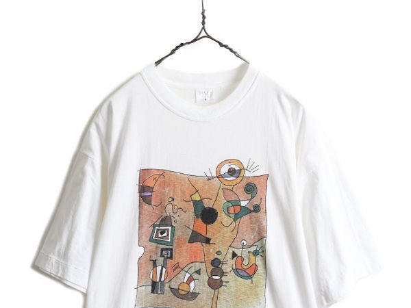 90s ミロ アート イラスト プリント Tシャツ XL 白 シングルステッチ-