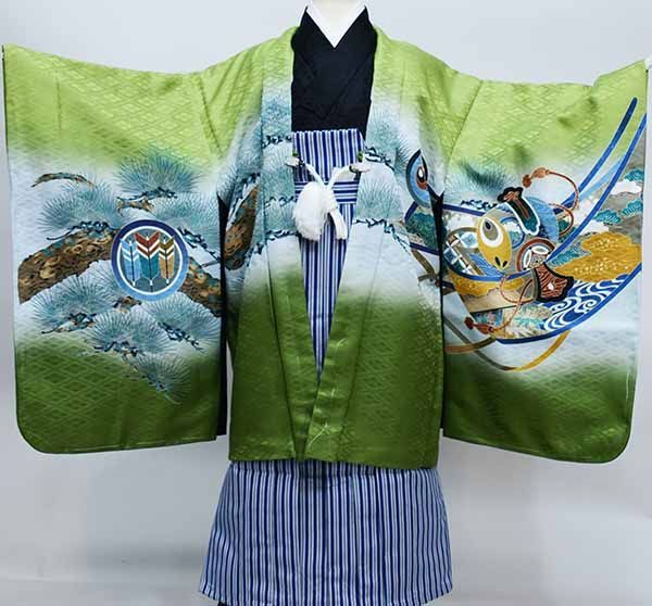 七五三 五歳 男児 羽織袴フルセット 綸子地 着物 竜王 緑地 兜 縞袴 袴 