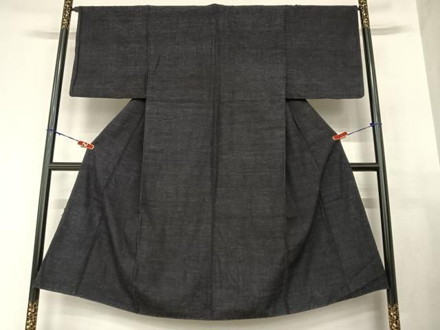 平和屋着物●男性 結城ちぢみ アンサンブル 杢無地 漆黒色 正絹 AABA8829zg