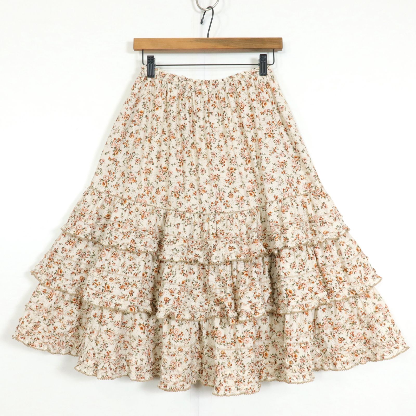 ピンクハウス かぶせだんだんローズ柄スカート 美品！】ピンクハウス☆かぶせ段々フリル♪綿ローンスカート ベージュ