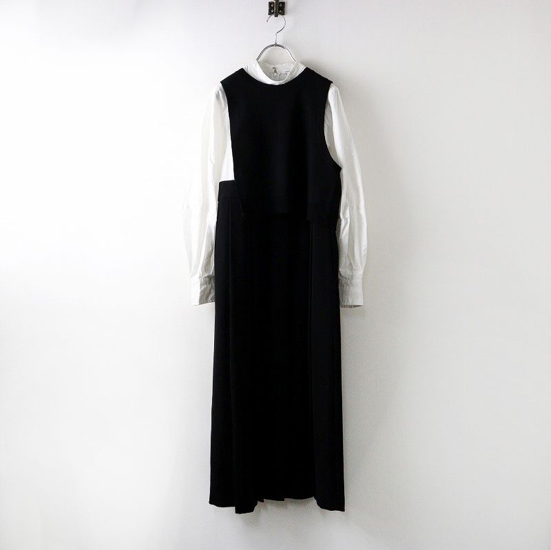 エンフォルド ENFOLD KNIT-LAYERED PLEATS DRESS ニットレイヤードプリーツドレス 36|ブラック ホワイト ワンピース 2400014364231