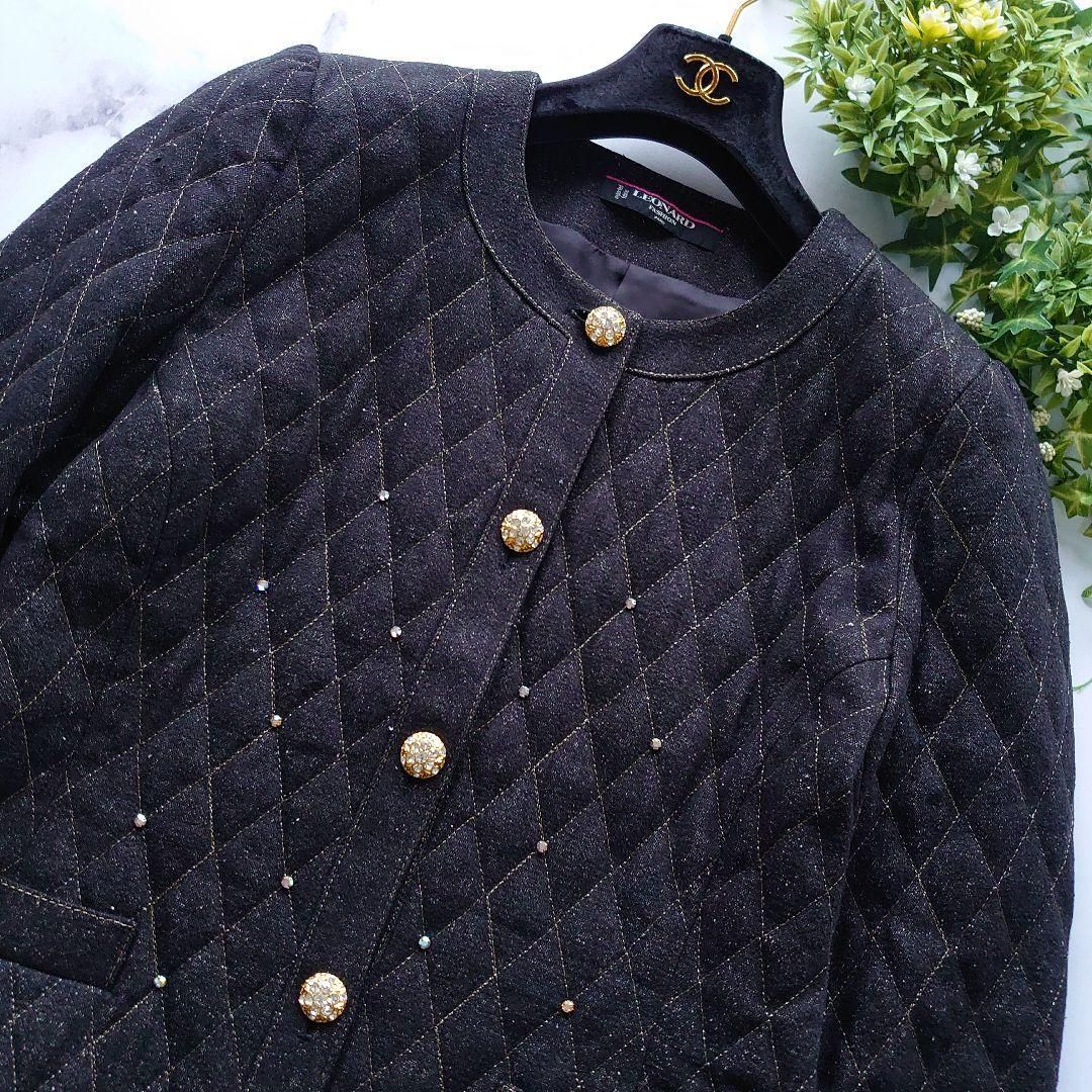 LEONARD レオナール ラインストーン ビジュー キルティング シルク ノー ジャケット 中綿 サイズM 9 長袖 黒 ブラック デニム アウター コート レディース