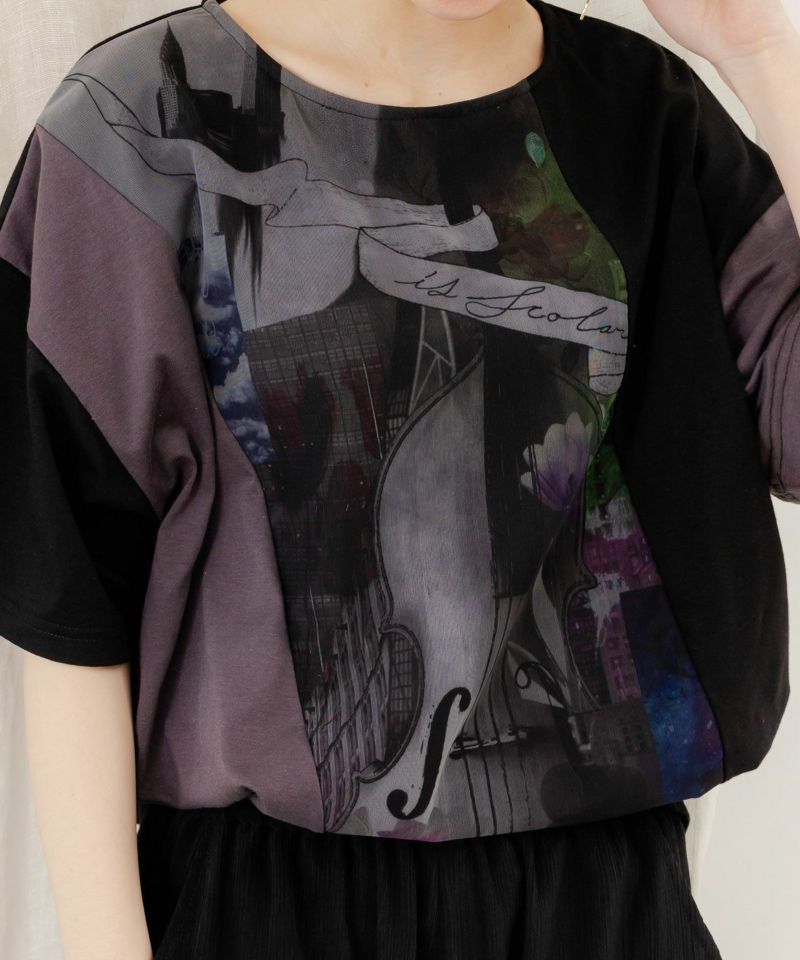 Tシャツ SALE is ScoLar イズ スカラー 552202 アートコラージュ チュール重ね切替Tシャツ トップス フェミニン ガーリー 原宿系 個性的 ポイント 552202：アートコラージュ チュール重ね切替Tシャツの通販-ScoLar