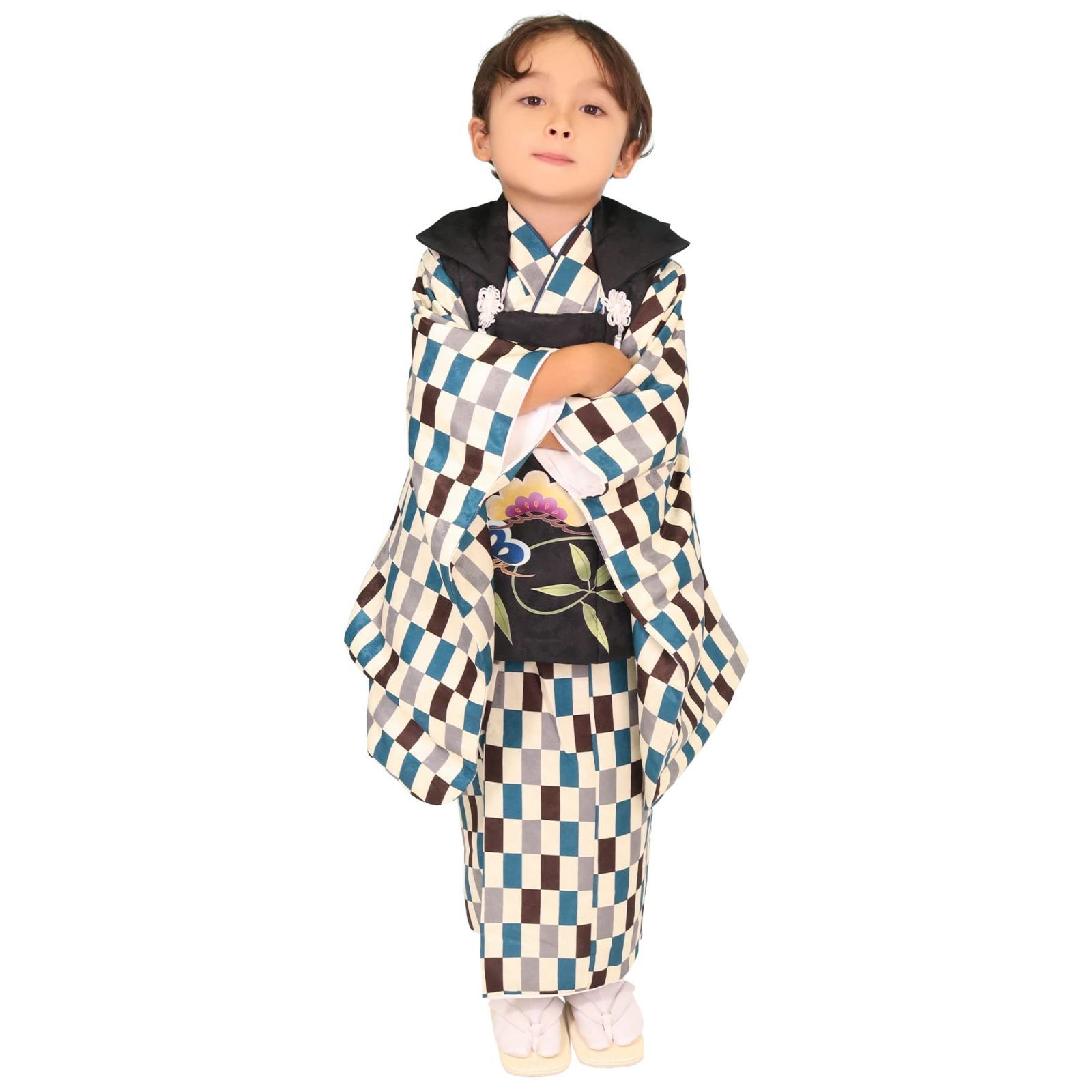 KYOETSU キョウエツ 七五三 3歳 着物 男の子 被布 フルセット しちごさん 3.聡慧の変わり市松 90-100cm