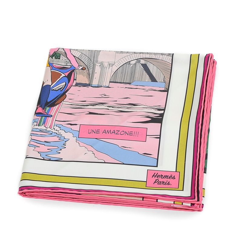 新品エルメス　ダブルフェイス　Wow カレ　スカーフ　ヴィンテージ エルメス カレ90 スカーフ WOW アメコミ ローズ/ヴェール ダブル