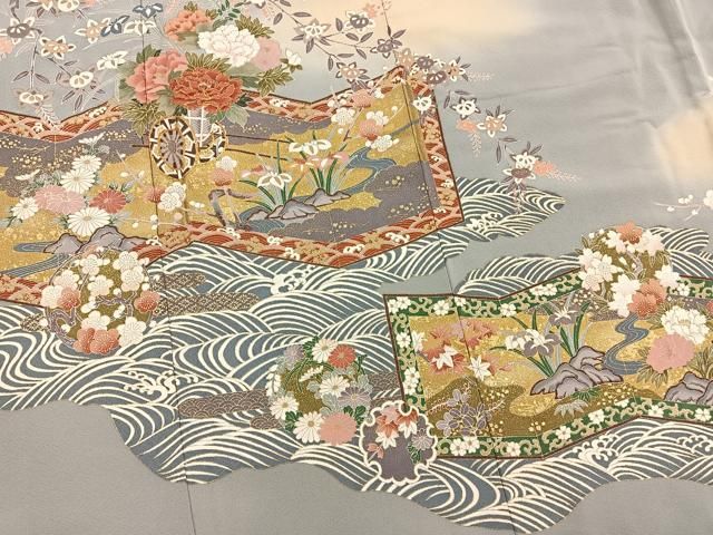 平和屋着物□豪華色留袖 駒刺繍 屏風御所車花文 暈し染め 金彩
