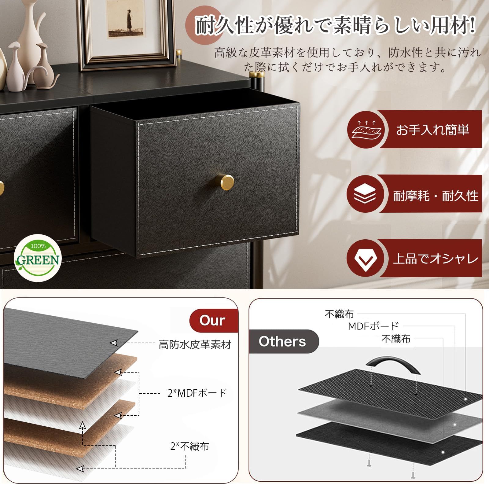 4段9杯 幅100×奥行30×高さ103.5cm 一人暮らし北欧風 転倒防止 木製天板 寝室 リビング収納 ワイドたんす オシャレ 衣裝ケース ブラック ハイチェスト 引き出し 箪笥 洋服収納 収納 布製 タンス チェスト IKIFLY