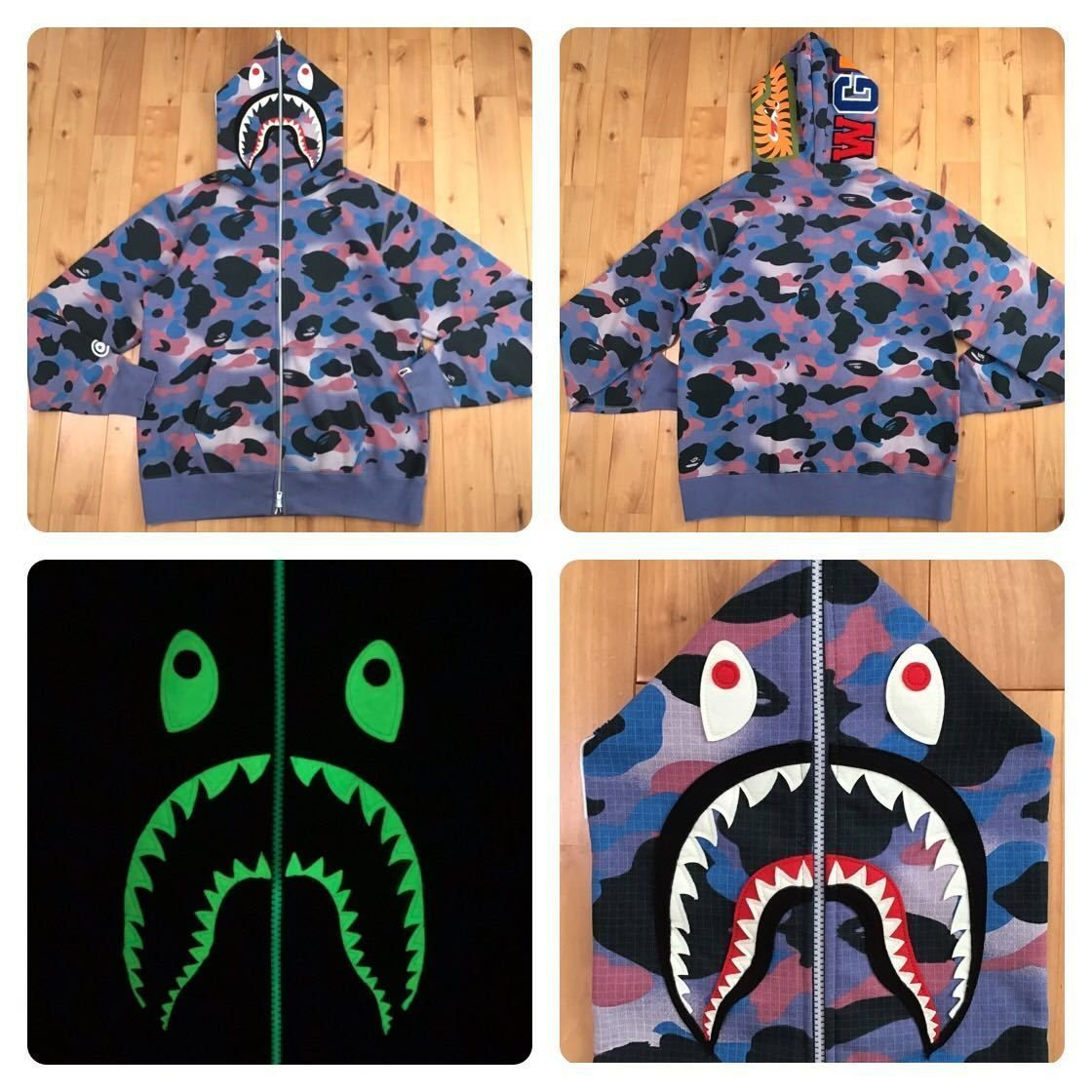 ★蓄光★ Grid Camo SHARK FULL ZIP HOODIE Lサイズ a bathing ape BAPE シャーク パーカー エイプ  ベイプ アベイシングエイプ 迷彩