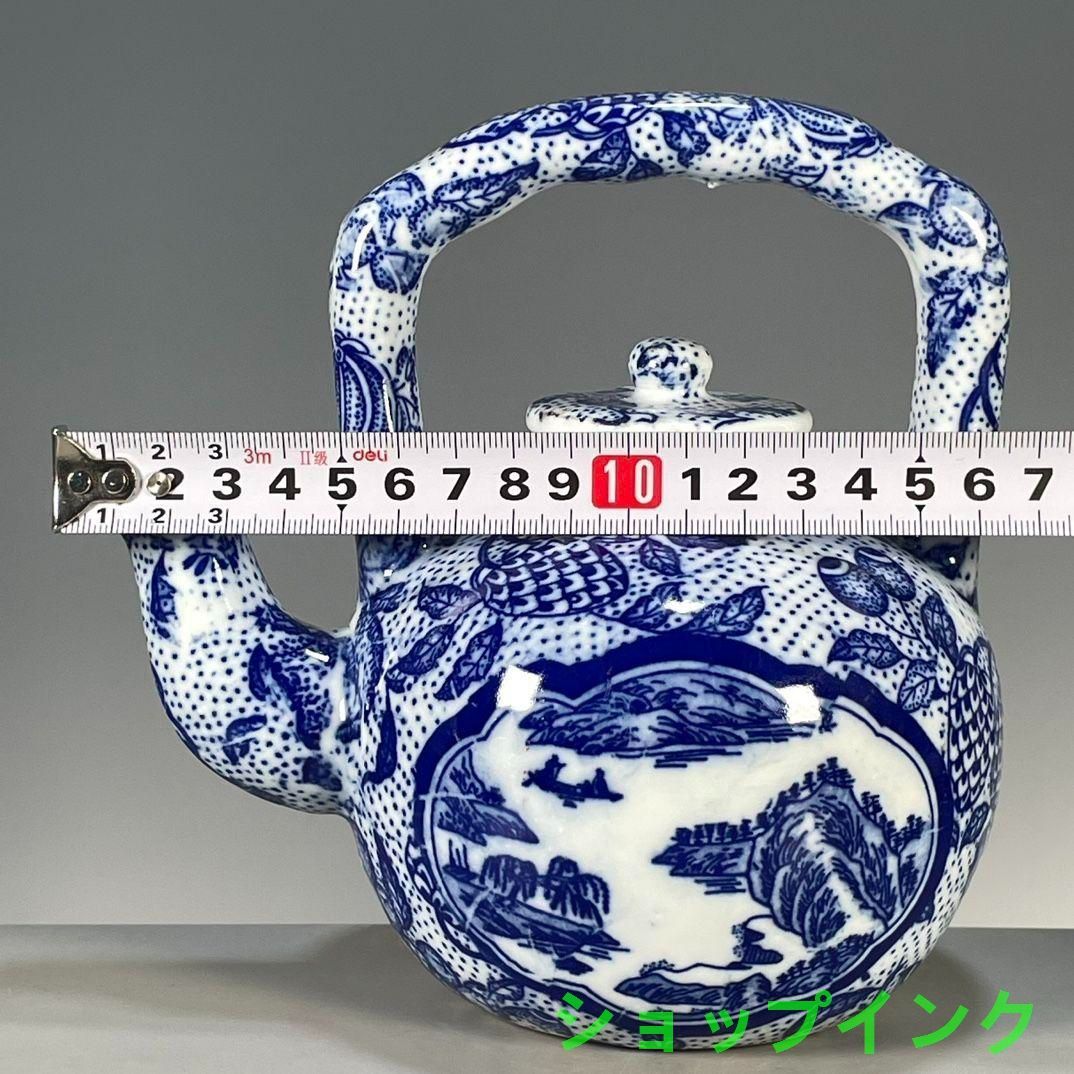 清乾隆 青花 開窓山水図紋提梁壺 茶壺 茶道具 工芸品 置物