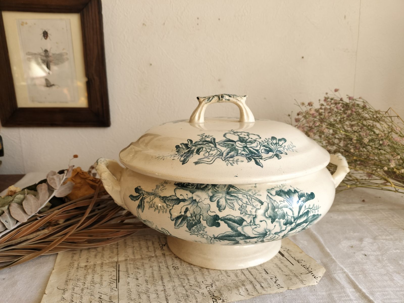 フランス アンティーク 絵付き 素敵な 蓋つき スーピエール 1900年